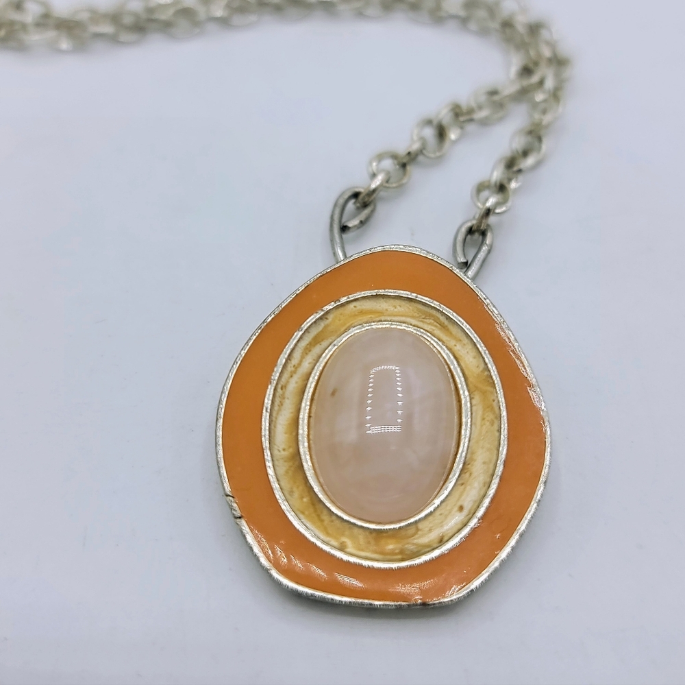 Celia Sebiri for Avon Necklace Rose Quartz Stone Orange Enamel 1970s Vintage